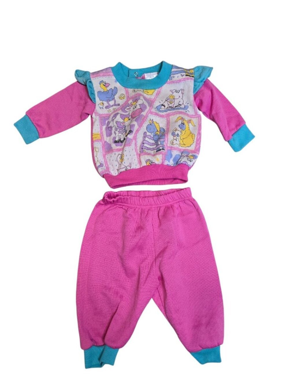 Vintage 2 Piece Baby Outfit Set Pink Animal Print Teal Trim Ruffle Sweatsuit 12M